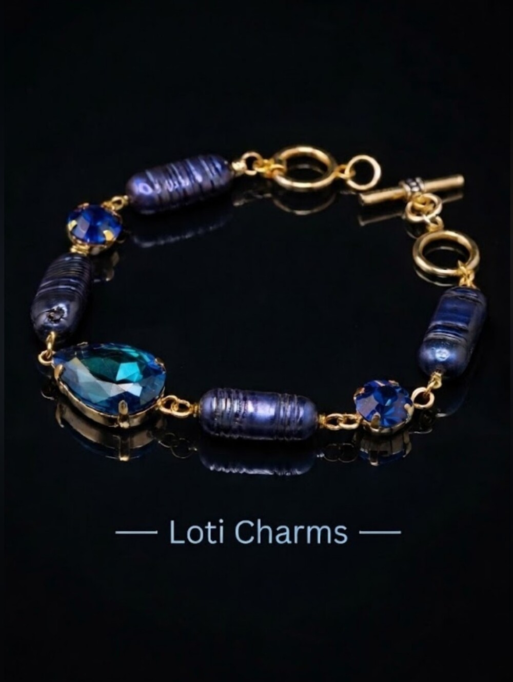 Swarovski Crystal Electric Blue & Natural Blue Biwa Pearls In Artisan Bracelet